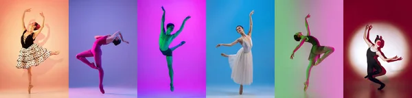 Collage de retratos de bailarinas de ballet, bailarinas bailando aisladas sobre fondo multicolor en luz de neón. Concepto de arte, teatro, belleza —  Fotos de Stock