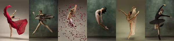 Colagem de retratos de bailarinos masculinos e femininos dançando isolados em fundo vintage escuro. Conceito de arte, teatro, beleza e criatividade — Fotografia de Stock