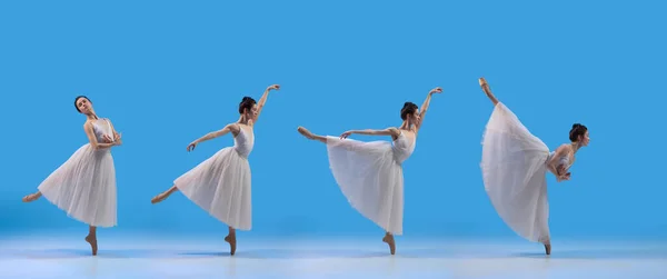 一个美丽芭蕾舞演员在蓝色背景下独立跳舞的动作的发展。艺术、戏剧、美的概念和创造力 — 图库照片