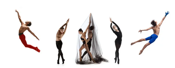 白地に孤立して踊る男女のバレエダンサーの肖像画のコラージュ。芸術、演劇、美しさと創造性の概念 — ストック写真