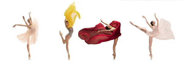 Kolaż portretów młodej pięknej tancerki baletowej w różnorakich obrazach tańczących na białym tle. Koncepcja sztuki, teatru, piękna i kreatywności — Zdjęcie stockowe