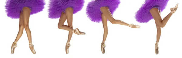 Gros plan jambes féminines en pointes et tutu violet isolé sur fond de studio blanc. Concept d'art, théâtre, beauté, aspiration, créativité — Photo