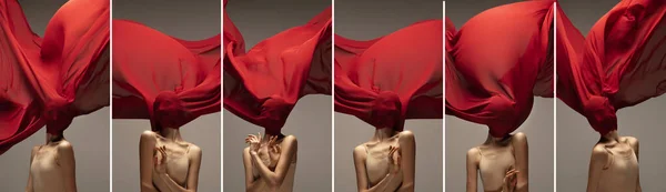 Collage of one female ballet dancer, beautiful flexible woman with red fabric on her face isolated on gray background. Concept of art, theater, beauty and emotions