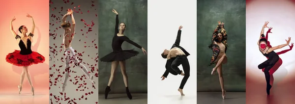 Collage de retratos de bailarines de ballet masculinos y femeninos bailando aislados sobre fondo oscuro vintage. Concepto de arte, teatro, belleza y creatividad — Foto de Stock