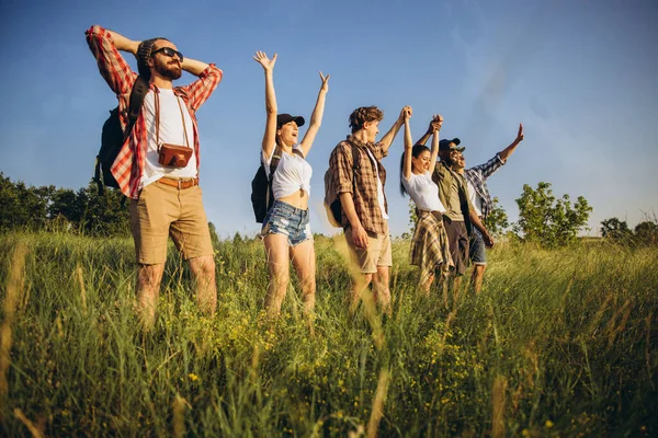 Bir grup arkadaş, genç erkekler ve kadınlar yaz ormanlarında piknik yaparken, çayırda yürüyorlar. Yaşam tarzı, arkadaşlık., — Stok fotoğraf