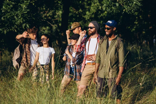Bemutatom a naplementét. Baráti társaság, fiatal férfiak és nők sétálnak együtt piknik közben a nyári erdőben, rét. Életmód, barátság, — Stock Fotó