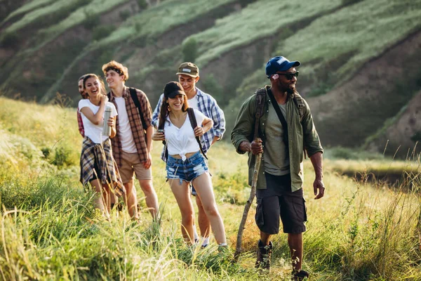 Grupo de amigos, jovens e mulheres caminhando, passeando juntos durante piquenique na floresta de verão, prado. Estilo de vida, amizade — Fotografia de Stock