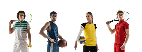 Collage deportivo. Tenis, voleibol, jugadores de baloncesto posando aislados sobre fondo blanco del estudio. — Foto de Stock