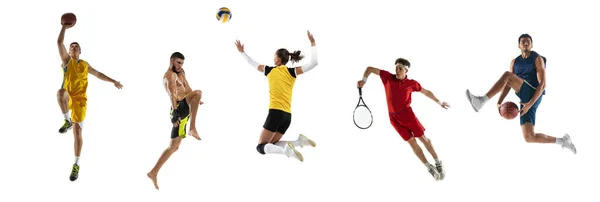Sport kollázs. Tenisz, röplabda, mozgásban lévő kosarasok elszigetelt fehér stúdió háttér. — Stock Fotó