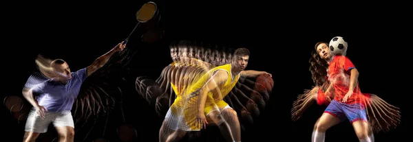 Collage de imágenes de futbol profesional, baloncesto y tenista en movimiento aislado sobre fondo oscuro con efecto estroboscópico. —  Fotos de Stock