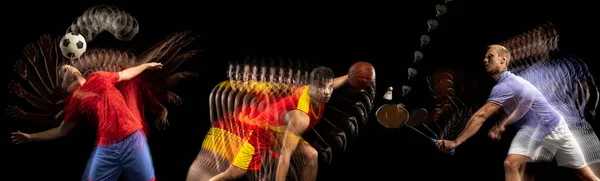 Collage of images of proffesional soccer football, basketball and tennis player in motion isolated on dark background with stroboscoper effect. — Stock Photo, Image