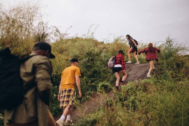 Bir grup arkadaş, genç erkekler ve kadınlar yürüyorlar, şehrin varoşlarında, yaz ormanlarında, çayırlarda birlikte dolaşıyorlar. Aktif yaşam tarzı, arkadaşlık, bakım, ekoloji kavramı
