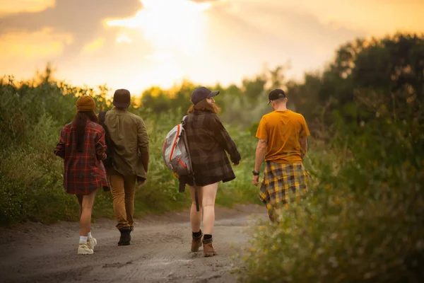 Gruppo di amici, giovani uomini e donne che camminano, passeggiando insieme periferia della città, nella foresta estiva, prato. Stile di vita attivo, amicizia, cura, concetto ecologico — Foto Stock