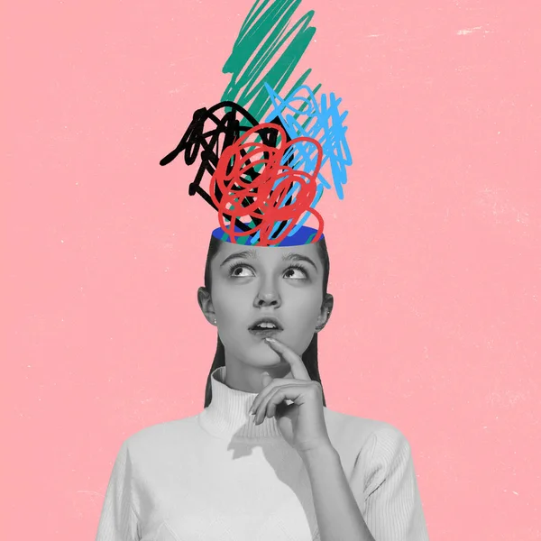 Chaos in girls head and hurricane of thoughts. Modern design, contemporary art collage. Inspiration, idea, trendy urban magazine style. Line art — Stock Photo, Image
