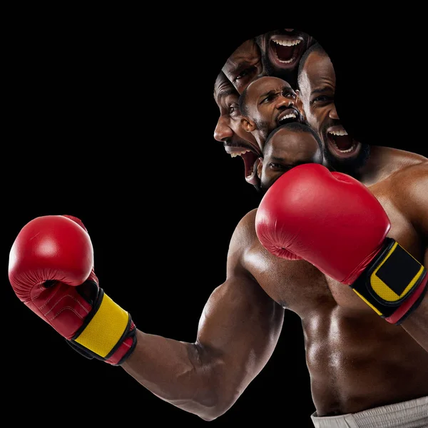 Концептуальный образ с сумасшедшими портретами африканского боксера с психическими расстройствами и раздвоением личности. Эмоциональный хаос в голове человека. Коллаж — стоковое фото