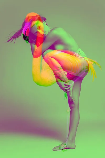 Composizione con immagine di giovane donna adorabile e silhouette di fenicottero isolato su sfondo verde con effetto glitch, doppia personalità. Collage d'arte — Foto Stock