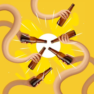 Çağdaş sanat kolajı. Elleri bira şişelerini koyu ve açık renkli, soğuk birayla tutuyor. Festival konsepti, ulusal gelenekler, Ekim Festivali, içkiler ve tatiller