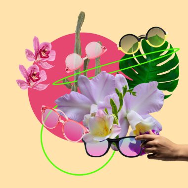 Yaz ve renkli gezgin sembolleri. Metnin metin boşluğu. Modern tasarım. Çağdaş pop sanat eserleri, kolaj.