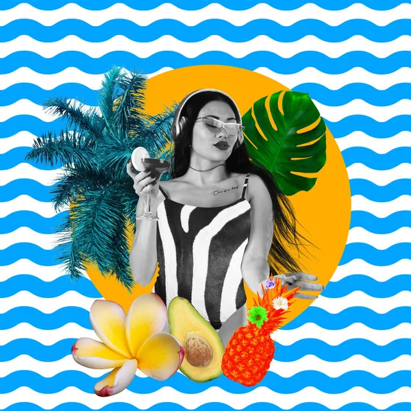 Zomer, strandfeest. Vrouwelijk model op abstracte kleur zomer achtergrond. Kopieerruimte naar tekst. Modern design. Kunstpop collage — Stockfoto