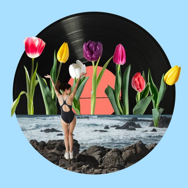 Zomer stemming. Vrouwelijk model op abstracte bloemkleur achtergrond. Kopieerruimte naar tekst. Modern design. Kunstpop collage — Stockfoto