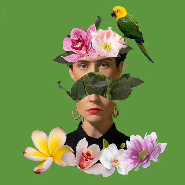 Kobieta głowa z kwiatami i papugą na abstrakcyjnym tle kolor letni. Przestrzeń do pisania. Nowoczesny design. Sztuka pop collage — Zdjęcie stockowe
