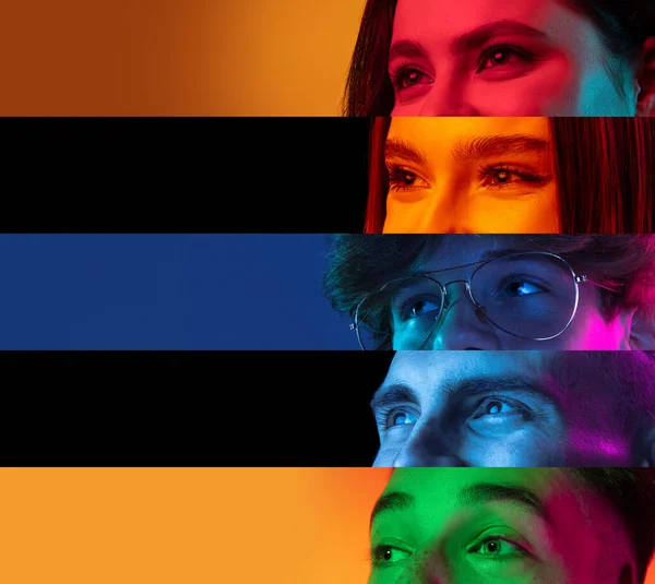 Koláž detailních mužských a ženských očí izolovaných na barevném neonovém pozadí. Mnohobarevné pruhy. Oznámení s prostorem pro kopírování reklam — Stock fotografie