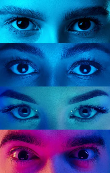 Colagem de close-up homens e meninas olhos isolados em colorido neon backgorund. Listras multicoloridas. Olhos masculinos e femininos — Fotografia de Stock
