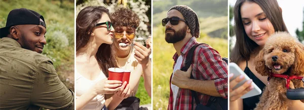 Imagem composta de fotos de jovens homens e mulheres caminhando juntos na floresta de verão, prado, parque público. Estilo de vida, amizade, natureza — Fotografia de Stock