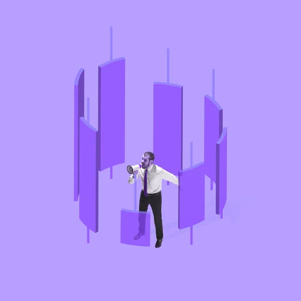 Um homem de negócios com megafone está rodeado por colunas de grafos. Copyspace para anúncio, oferta — Fotografia de Stock