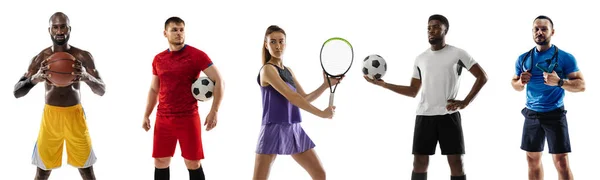 スポーツコラージュ。テニス,サッカー,バスケットボール,フィットネス選手が白いスタジオの背景に孤立ポーズ.アフリカ人と白人の男性と女性に合う — ストック写真