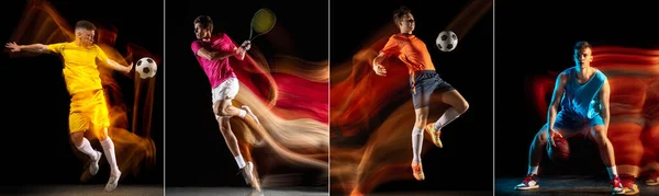 Développement de mouvements de différents types de jeux de sport. Jeunes hommes en action isolés sur fond sombre dans un mélange néon lumière colorée. — Photo