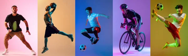 Collage de différents sportifs professionnels, adapter les gens en action et le mouvement isolé sur fond de couleur dans la lumière au néon. Dépliant. — Photo