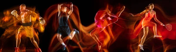 Entwicklung von Bewegungsabläufen verschiedener Sportarten. Junge Männer in Aktion isoliert vor dunklem Hintergrund in neonfarbenem Licht. — Stockfoto