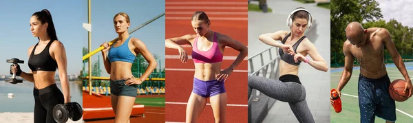Collage sobre hombre y mujer en forma en el entrenamiento de fitness en el estadio. Deporte, atleta, entrenamiento, concepto de ejercicios —  Fotos de Stock