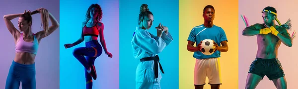 Collage of different professional sportsmen, fit people in action and motion isolated on color background in neon light. Flyer. — Stock Photo, Image