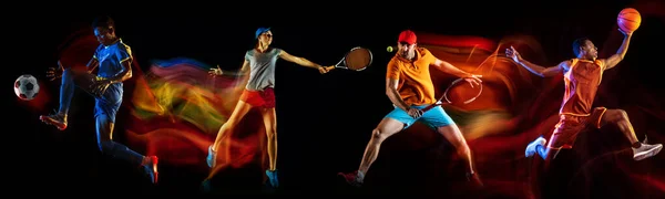 Rozwój ruchów różnych rodzajów gier sportowych. Młodzi mężczyźni w akcji odizolowani na ciemnym tle w neonowej mieszance kolorowego światła. — Zdjęcie stockowe