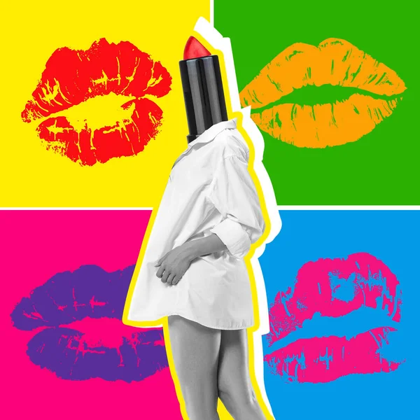 Un loco collage de arte surrealista. Joven modelo de moda femenina encabezada con lápiz labial rojo. Fondo de impresión labial — Foto de Stock