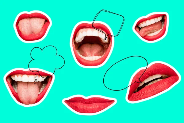 Hedendaagse kunst collage. Inspiratie, idee, trendy urban magazine stijl. Samenstelling met vrouwelijke lippen, mond met spraakbellen achtergrond. — Stockfoto