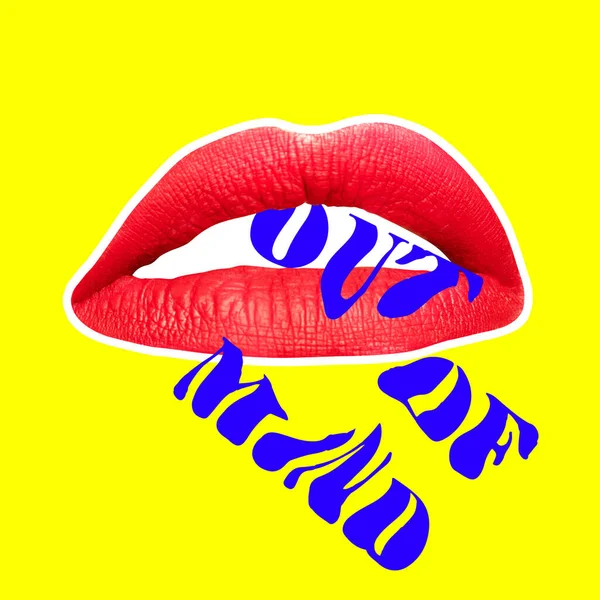 Modern design, hedendaagse kunst collage. Inspiratie, idee, trendy urban magazine stijl. Vrouwelijke lippen met spraakbel op de achtergrond. — Stockfoto