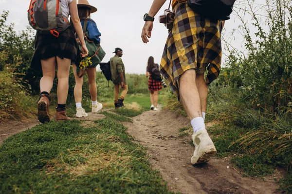 Grupo de amigos, hombres y mujeres jóvenes caminando, paseando juntos a las afueras de la ciudad, en el bosque de verano, prado. Estilo de vida activo, amistad, cuidado, concepto de ecología — Foto de Stock