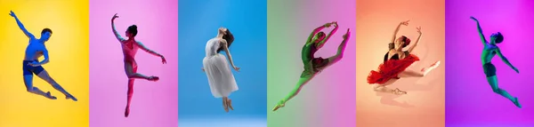 Dance of feelings. Amazing performance of one flexible male, female ballet dancer practicing isolated on color background. Concept of art, beauty, aspiration, creativity. — Stock Photo, Image