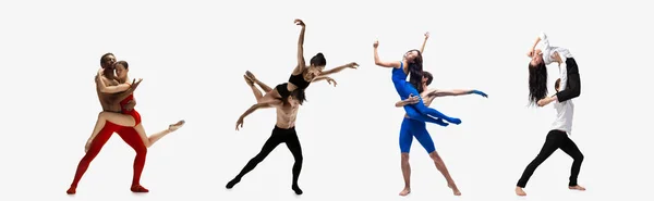 Collage von Porträts männlicher und weiblicher Balletttänzer, die isoliert auf weißem Hintergrund tanzen. Konzept von Kunst, Theater, Schönheit und Kreativität — Stockfoto