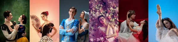 Collage de retratos de bailarinas de ballet bailando sobre fondo de estudio. Concepto de arte, teatro, belleza y creatividad —  Fotos de Stock