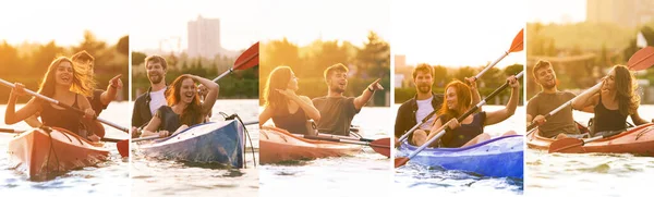 Confiado joven pareja caucásica kayak en el río junto con la puesta de sol en los fondos. Divertirse en la actividad de ocio. — Foto de Stock