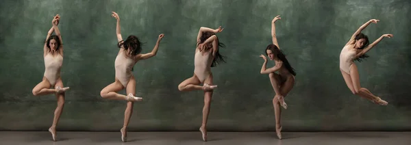 Młoda, pełna wdzięku balerina na ciemnozielonym tle studia. Kompozytowy obraz zdjęć elastycznej, emocjonalnej tancerki. — Zdjęcie stockowe