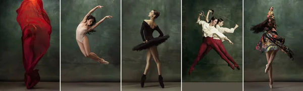 Collage di ritratti di ballerine che ballano su sfondo dark vintage. Concetto di arte, teatro, bellezza e creatività — Foto Stock