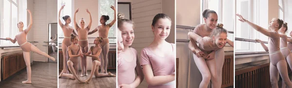 Immagine composita di foto di bambine, giovani ballerine che si allenano vicino alla sbarra del balletto in studio. Collage — Foto Stock