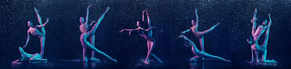 Dwie młode tancerki baletowe pod wodą krople i plamy. Białe i azjatyckie modelki tańczące razem w neonach. Kreatywny kolaż artystyczny. — Zdjęcie stockowe