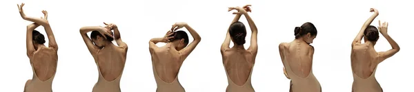 Collage de una bailarina de ballet, hermosa mujer flexible aislada sobre fondo blanco. Concepto de arte, teatro, belleza y emociones —  Fotos de Stock