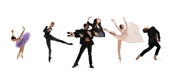 Collage van portretten van mannelijke en vrouwelijke balletdansers die geïsoleerd dansen op een witte achtergrond. Concept van kunst, theater, schoonheid en creativiteit — Stockfoto